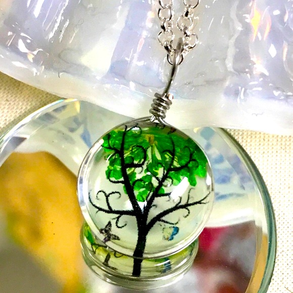 Glass Flower Butterfly Tree Necklace - Picture 3 of 4